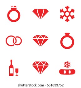 Crystal icons set. set of 9 crystal filled icons such as gem, diamond, rings, wine glass and bottle, snowflake