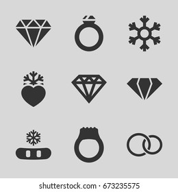 Crystal icons set. set of 9 crystal filled icons such as gem, diamond, diamond, heart frozen, rings, snowflake