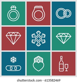 Crystal icons set. set of 9 crystal outline icons such as heart frozen, rings, wine glass and bottle, snowflake, gem