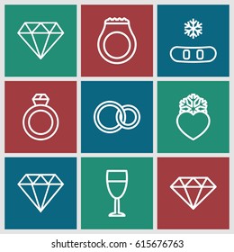 Crystal icons set. set of 9 crystal outline icons such as diamond, heart frozen, rings, wine glass, gem, ring