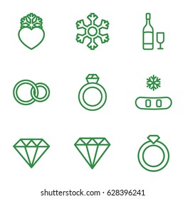 Crystal icons set. set of 9 crystal outline icons such as gem, Diamond, heart frozen, rings, wine glass and bottle, snowflake