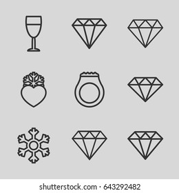 Crystal icons set. set of 9 crystal outline icons such as gem, diamond, diamond, heart frozen, wine glass, snowflake