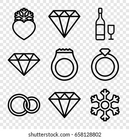 Crystal icons set. set of 9 crystal outline icons such as gem, diamond, heart frozen, rings, wine glass and bottle, snowflake