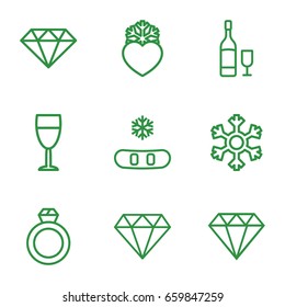 Crystal icons set. set of 9 crystal outline icons such as diamond, heart frozen, wine glass, wine glass and bottle, snowflake, gem