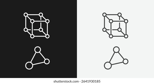 Crystal Lattice Cube and Molecular Triangle on Black and White Backgrounds, Representing Materials Science or Chemistry, White Outline Icons
