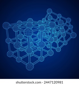 Rejilla de molécula de celosía de cristal. Sal gema de cloruro sódico. Ilustración vectorial de malla de polietileno baja del alambre.