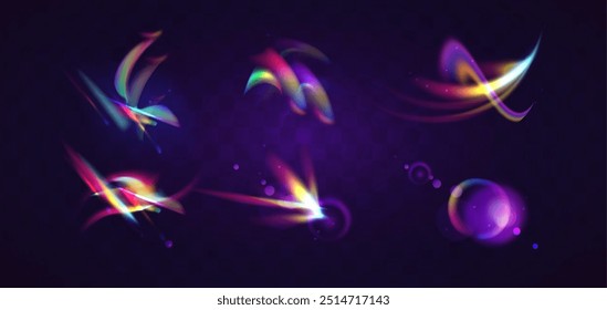 Chama de luz de cristal e efeito de brilho do arco-íris. Espectro de lente de diamante com conjunto de textura cintilante de refração. Feixe de cor holograma e design isolado de reflexão cáustica. Faísca vívida holográfica