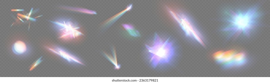Crystal light glasses effect sparkle prism glare reflection effect. Optical rainbow lights, glare, leak, streak overlay. falling confetti. Vector colorful vector lenses and light flares.