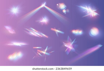 Crystal light glasses effect sparkle prism glare reflection effect. Optical rainbow lights, glare, leak, streak overlay. falling confetti. Vector colorful vector lenses and light flares.