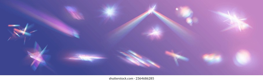 El efecto de las gafas de luz cristalina hace que el efecto de reflexión del brillo del prisma brille. Luces ópticas de arco iris, resplandor, filtración, superposición de rayas. caía confetti. Lentes vectoriales coloridas vectoras y bengalas luminosas.