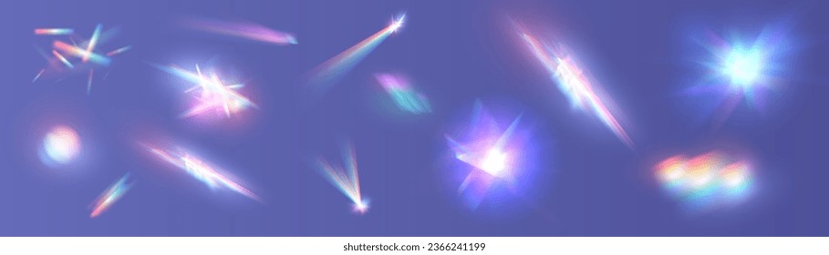 El efecto de las gafas de luz cristalina hace que el efecto de reflexión del brillo del prisma brille. Luces ópticas de arco iris, resplandor, filtración, superposición de rayas. caía confetti. Lentes vectoriales coloridas vectoras y bengalas luminosas.