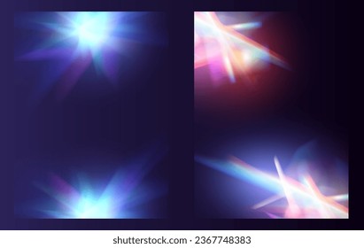 El efecto de las gafas de luz cristalina hace que el efecto de reflexión del brillo del prisma brille. Luces de arco iris ópticas de carteles, resplandor, filtración, superposición de rayas. caía confetti. Pancarta vectorial coloridas lentes vectoriales y bengalas luminosas.