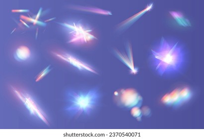 Kristalllichtbrillen wirken funkelnden Prismenspiegelreflexeffekt. Optische Regenbogenlampen, Brille, Leck, Streak Overlay. fallender Konfetti. Vektorfarbige Vektorlinsen und helle Aktöne.