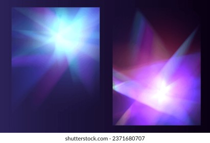 El efecto de las gafas de luz cristalina hace que el efecto de reflexión del brillo del prisma brille. Luces de arco iris ópticas de carteles, resplandor, filtración, superposición de rayas. caía confetti. Pancarta vectorial coloridas lentes vectoriales y bengalas luminosas.
