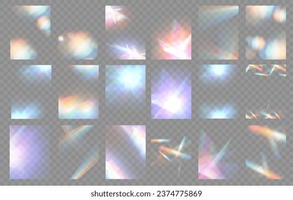 El efecto de las gafas de luz cristalina hace que el efecto de reflexión del brillo del prisma brille. Luces de arco iris ópticas de carteles, resplandor, filtración, superposición de rayas. caía confetti. Pancarta vectorial coloridas lentes vectoriales y bengalas luminosas.