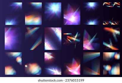 El efecto de las gafas de luz cristalina hace que el efecto de reflexión del brillo del prisma brille. Luces de arco iris ópticas de carteles, resplandor, filtración, superposición de rayas. caía confetti. Pancarta vectorial coloridas lentes vectoriales y bengalas luminosas.