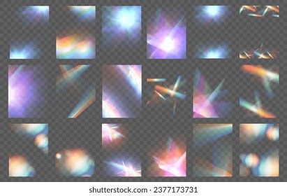 El efecto de las gafas de luz cristalina hace que el efecto de reflexión del brillo del prisma brille. Luces de arco iris ópticas de carteles, resplandor, filtración, superposición de rayas. caía confetti. Pancarta vectorial coloridas lentes vectoriales y bengalas luminosas.