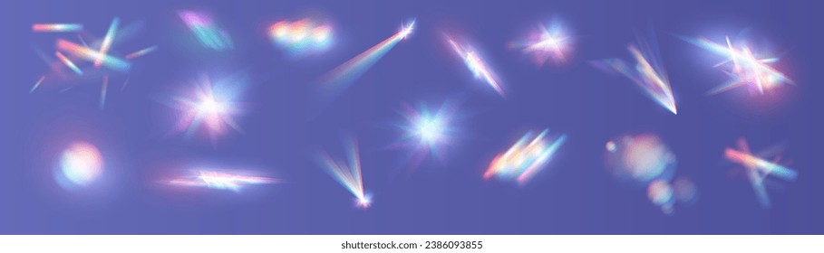El efecto de las gafas de luz cristalina hace que el efecto de reflexión del brillo del prisma brille. Luces ópticas de arco iris, resplandor, filtración, superposición de rayas. caía confetti. Lentes vectoriales coloridas vectoras y bengalas luminosas.