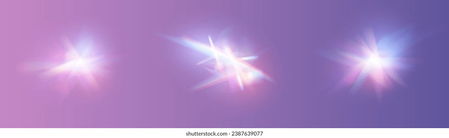 El efecto de las gafas de luz cristalina hace que el efecto de reflexión del brillo del prisma brille. Luces ópticas de arco iris, resplandor, filtración, superposición de rayas. caía confetti. Lentes vectoriales coloridas vectoras y bengalas luminosas.