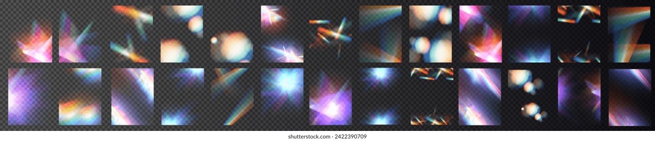 El efecto de las gafas de luz cristalina hace que el efecto de reflexión del brillo del prisma brille. Luces de arco iris ópticas de carteles, resplandor, filtración, superposición de rayas. caía confetti. Pancarta vectorial coloridas lentes vectoriales y bengalas luminosas.