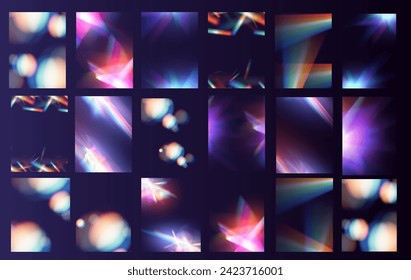 Crystal light glasses effect sparkle prism glare reflection effect. Banner optical rainbow lights, glare, leak, streak overlay. falling confetti. Vector banner colorful vector lenses and light flares.