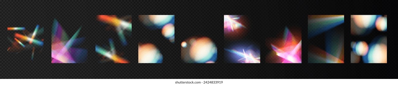Efecto de gafas de luz cristalina efecto de reflexión de brillo prismático. Luces ópticas del arco iris de la bandera, resplandor, fuga, superposición de la raya. Vector banner de lentes vectoriales coloridas y llamaradas de luz.