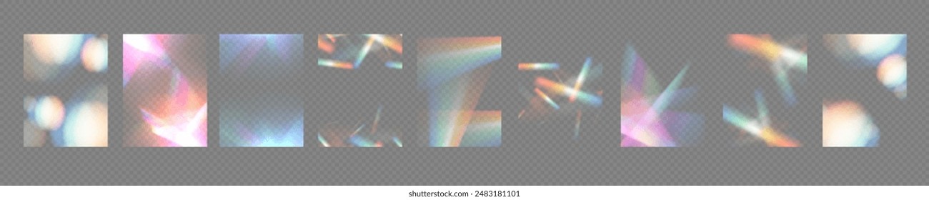 Efecto de gafas de luz cristalina efecto de reflexión de brillo prismático. Anuncio de luces ópticas de arco iris, deslumbramiento, fugas, superposición de rayas. Lentes de Vector coloridas de Anuncio de Vector y destellos de luz.