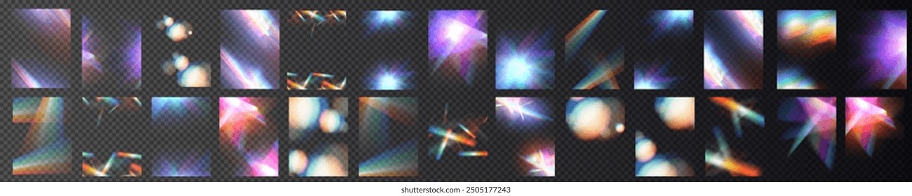 Efecto de gafas de luz de cristal efecto de reflejo de resplandor de prisma brillante. Luces ópticas de Anuncio del arco iris, resplandor, fuga, superposición de la raya. Vector Anuncio lentes de Vector de colores y destellos de luz.