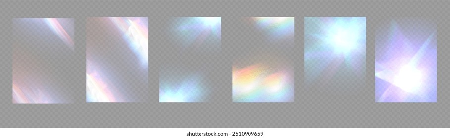 Crystal light glasses effect sparkle prism glare reflection effect. Banner optical rainbow lights, glare, leak, streak overlay. falling confetti. Vector banner colorful vector lenses and light flares.