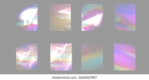 Cristal luz óculos efeito brilho prisma brilho reflexo efeito. Banner óptico luzes arco-íris, brilho, vazamento, sobreposição de listras. caindo confete.