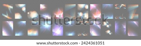 Crystal light glasses effect sparkle prism glare reflection effect. Banner optical rainbow lights, glare, leak, streak overlay. falling confetti. Vector banner colorful vector lenses and light flares.