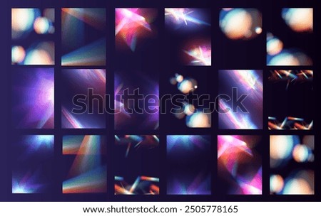 Crystal light glasses effect sparkle prism glare reflection effect. Banner optical rainbow lights, glare, leak, streak overlay. falling confetti. Vector banner colorful vector lenses and light flares.