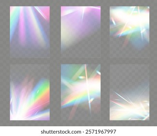 Crystal light glasses effects with sparkling prism glare and rainbow reflections. Optical overlays with streaks, light leaks, falling confetti, and colorful lens flares. Perfect for modern, abstract, 