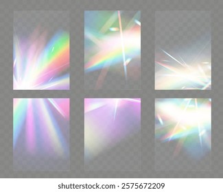 Crystal light glasses effects with sparkling prism glare and rainbow reflections. Optical overlays with streaks, light leaks, falling confetti, and colorful lens flares. Perfect for modern, abstract,	
