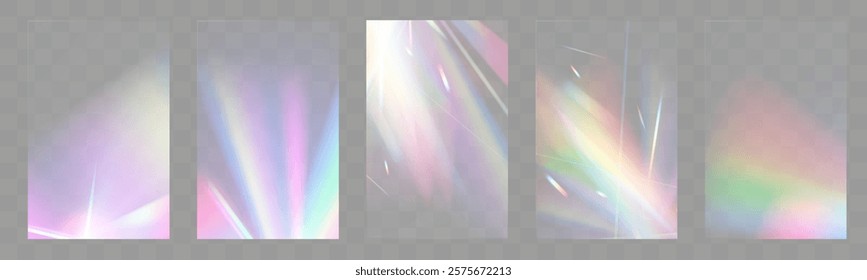 Crystal light glasses effects with sparkling prism glare and rainbow reflections. Optical overlays with streaks, light leaks, falling confetti, and colorful lens flares. Perfect for modern, abstract,	