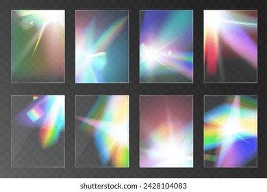 Efecto de conjunto de reflexión de arco iris de cristales de luz. Plantilla óptica, luces, brillo.	