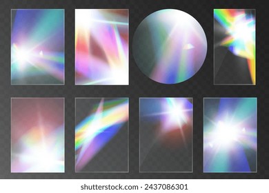 Efecto de conjunto de reflexión de arco iris de cristales de luz. Plantilla óptica, luces, brillo.
