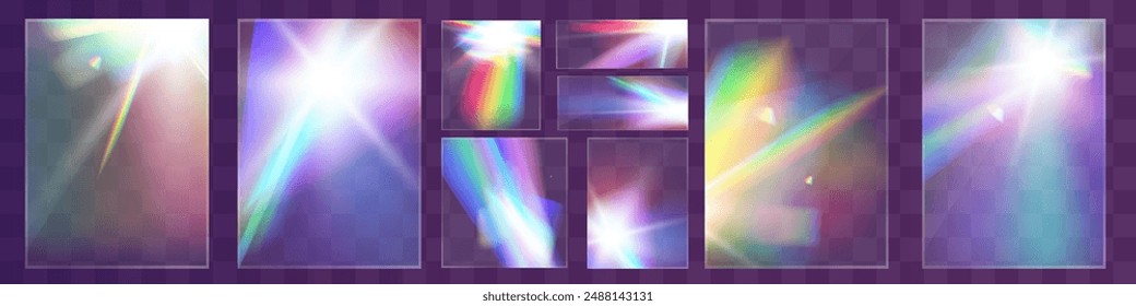 Efecto de conjunto de reflexión de arco iris de cristales de luz. Plantilla óptica, luces, resplandor.