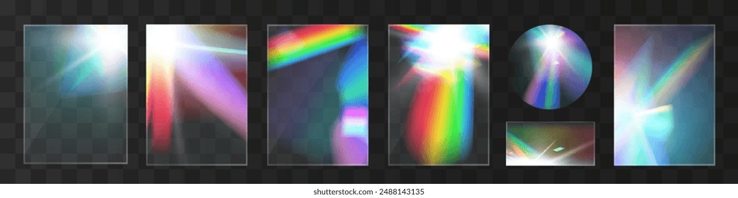 Efecto de conjunto de reflexión de arco iris de cristales de luz. Plantilla óptica, luces, resplandor.