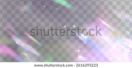 Crystal light refraction effect on transparent background. Vector realistic illustration of rainbow color flares, diamond or glass reflection overlay, bright iridescent spectrum through lens prism