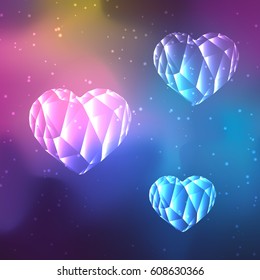 Crystal low poly hearts in cosmos space. Galaxy background. Vector illustration