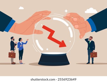 Crystal magic ball and businessman with two hands touching crystal ball with down graph inside. Flat vector illustration