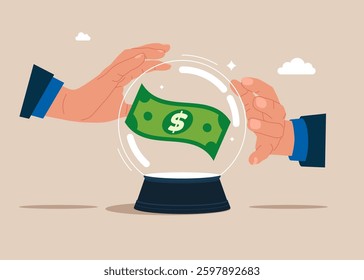 Crystal magic ball with a dollar banknote. Business forecast, investment stock market prediction. Vector illustration