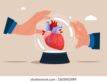 Crystal magic ball with a human heart. Human Heart. Human heart anatomy. Organs symbol. Flat vector illustration