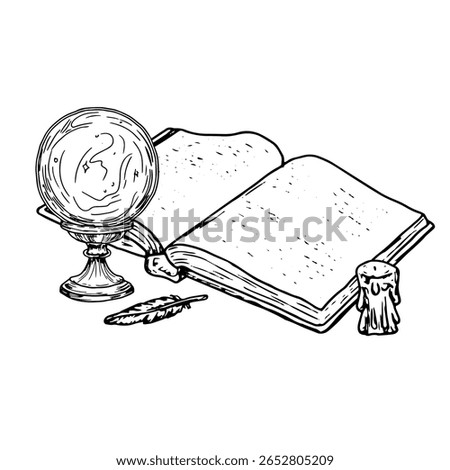 Crystal magic ball, open book, a guttered candle and a raven's feather next to it, black-and-white ink sketch. Vector illustration. A mystical Halloween entourage, set is isolated on white background.