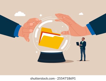 Crystal magic ball and two hands touching crystal ball with digital folder. Backup up data transfer. Organize files folder. Modern vector illustration in flat style