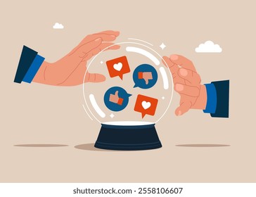 Crystal magic ball and two hands touching crystal ball with social media positive and negative feedback vision. Social media communication. Flat vector illustration