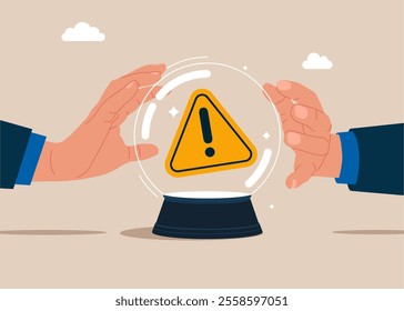 Crystal magic ball and two hands touching crystal ball with exclamation attention sign. Incident management, root cause analysis or solving problem, identify risk or critical failure concept. Vector