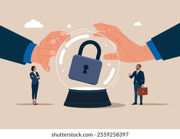 Crystal magic ball and two hands touching crystal ball with lock. Vision business accessibility. Solve business problem, professional to give solutions. Modern vector illustration in flat style