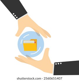 Crystal magic ball and two hands touching crystal ball with digital folder. Backup up data transfer. Organize files folder. Modern vector illustration in flat style

